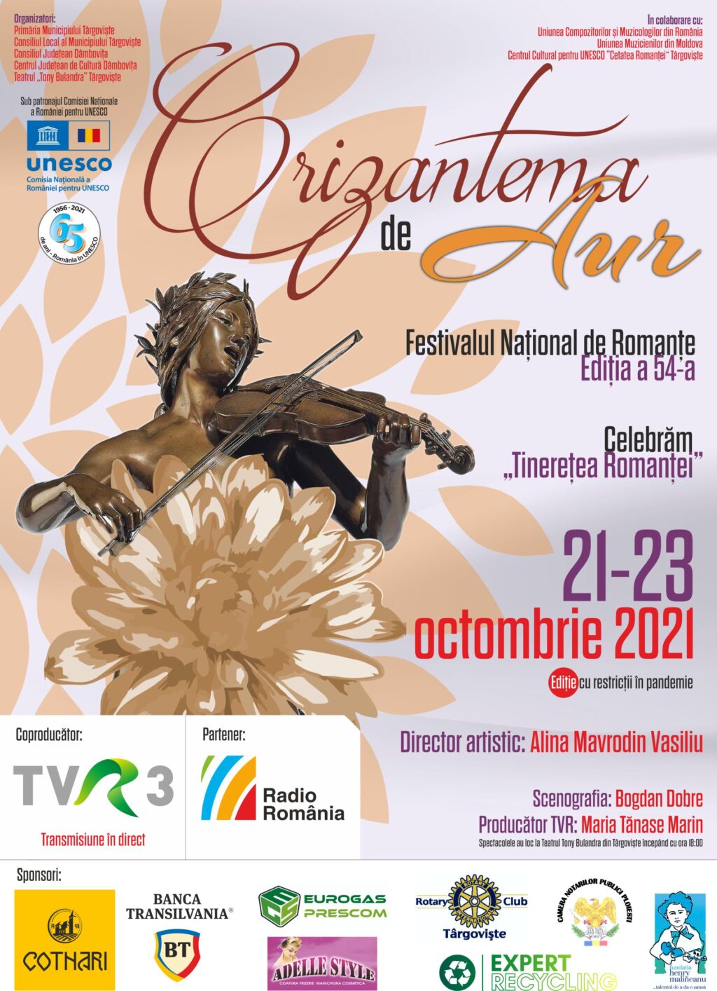 21-23 octombrie, Festivalul Naţional de Interpretare şi Creaţie a Romanţei „Crizantema de Aur”, ediţia a 54-a, 2021