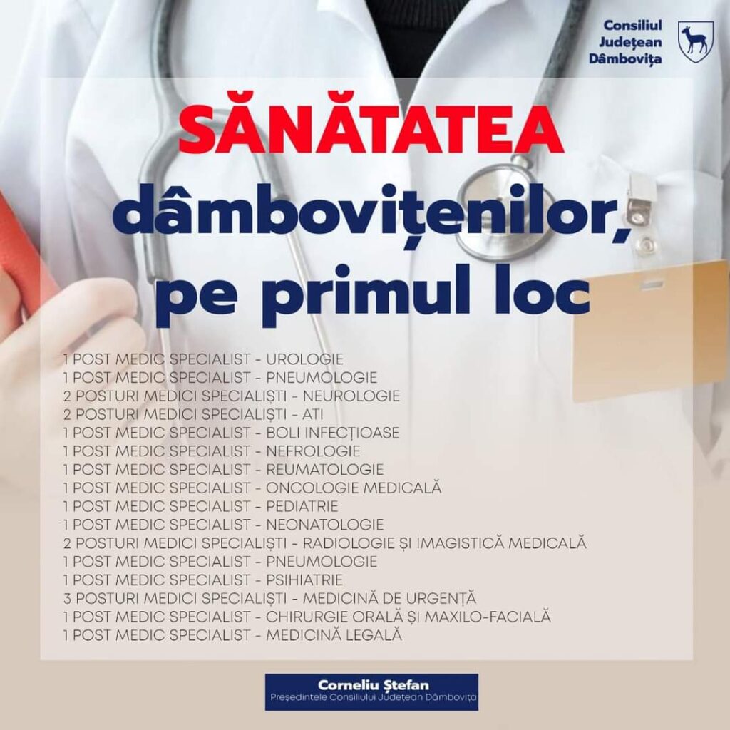 Proiectul „Sănătate pentru Dâmbovița” continuă! Spitalul Județean de Urgență Târgoviște, instituție aflată în subordinea Consiliului Județean Dâmbovița, scoate la concurs 21 de posturi de medici specialiști.