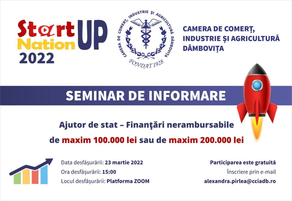 Camera de Comerț, Industrie și Agricultură Dâmbovița organizează un seminar de informare privind programul START-UP NATION 2022
