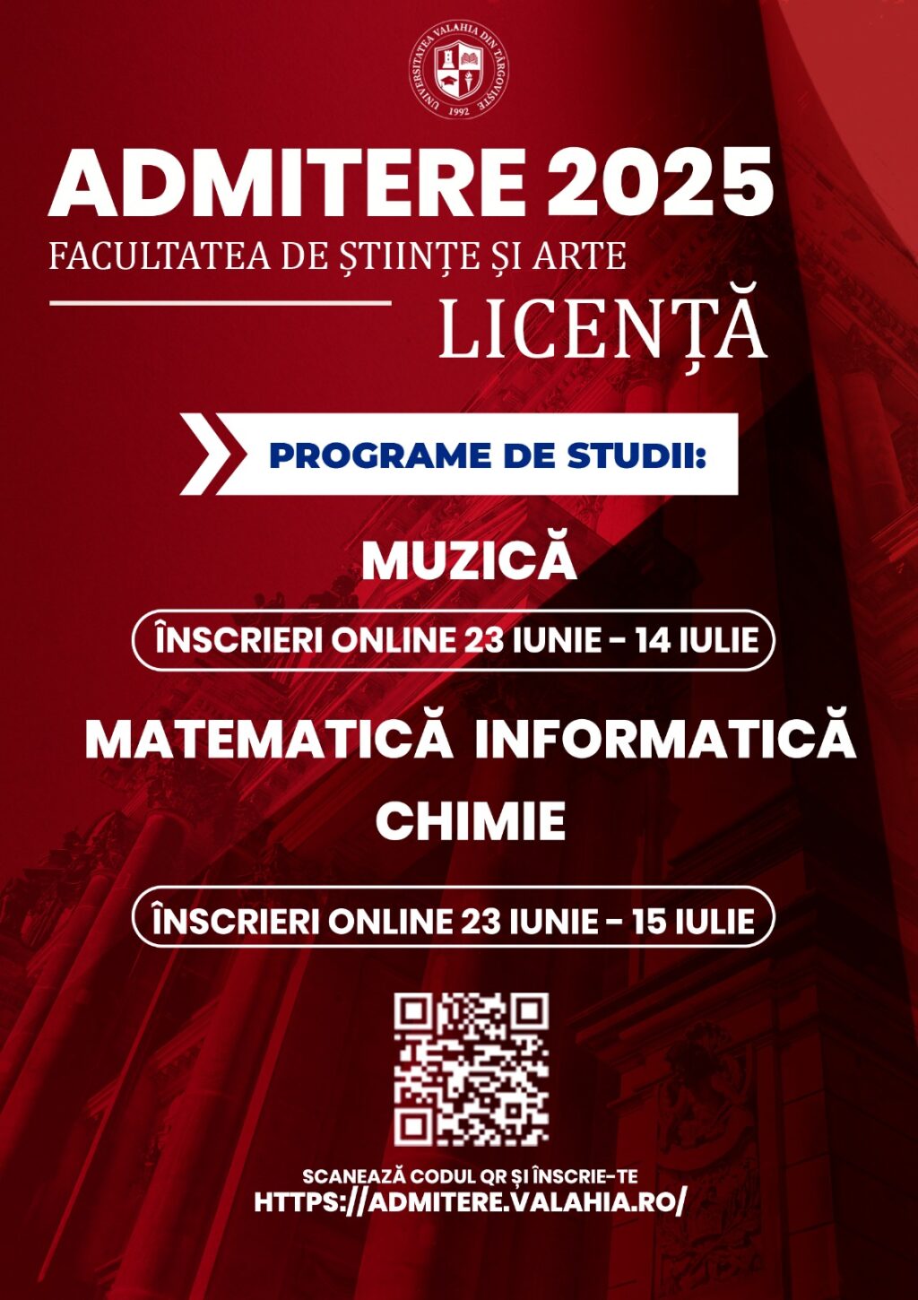 FACULTATEA DE ȘTIINȚE ȘI ARTE DIN CADRUL UNIVERSITĂȚII „VALAHIA” DIN TÂRGOVIȘTEDESFĂȘOARĂ CONCURS DE ADMITERE PENTRU ANUL UNIVERSITAR 2025-2026