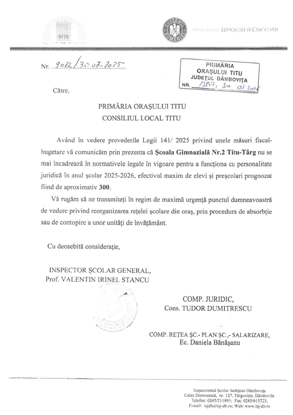 PRIMĂRIA TITU, CLARIFICĂRI PRIVIND SITUAȚIA ȘCOLII GIMNAZIALE NR. 2 TITU-TÂRG