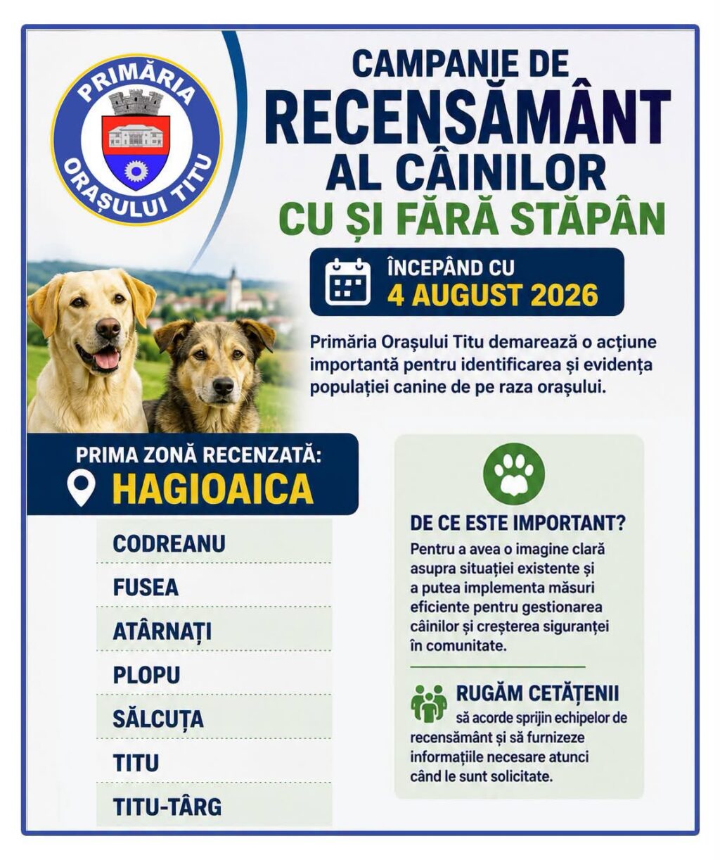 Primăria Titu demarează campania de recensământ al câinilor cu și fără stăpân